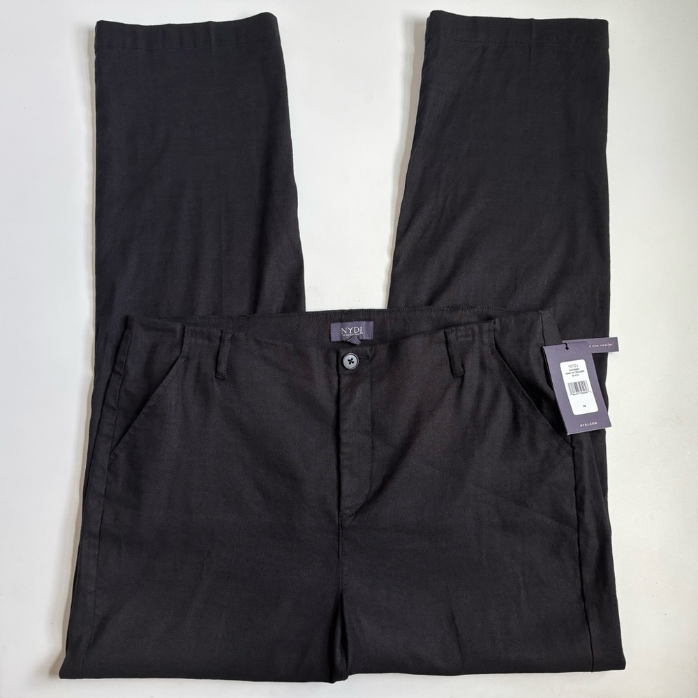NYDJ Marilyn Trousers Linen Straight Leg Pants Black Size 14